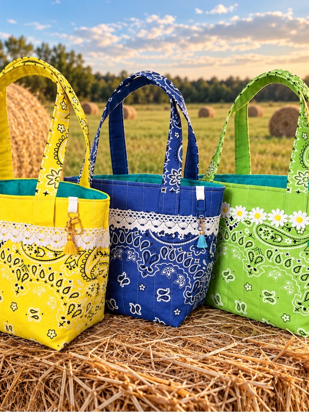 Hand Crafted Yellow, Blue or Green Bandana Tote with Trim